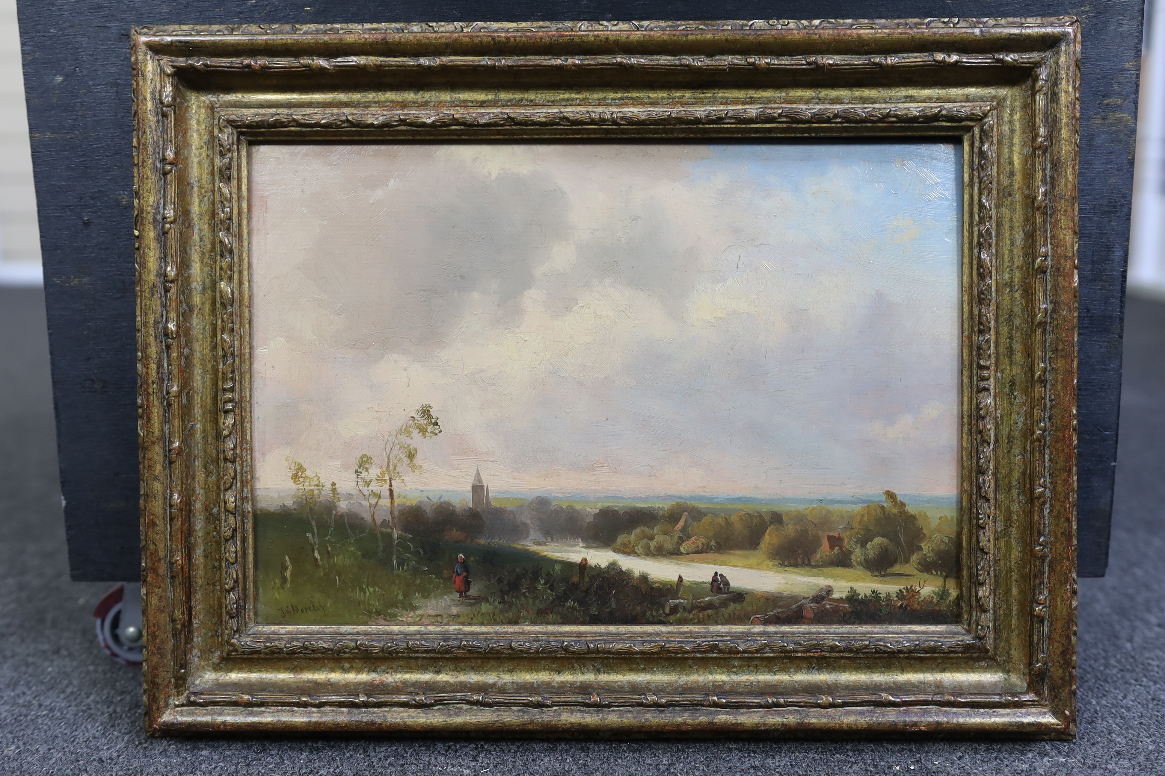 Jan Evert Morel II (Dutch, 1835-1905) oil on oak panel, figures in an open landscape, signed, 22 x 32cm